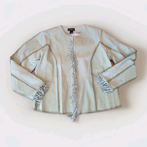 Ashley Stewart Suede Jacket Womens 14/16 Kiwi Green Fringe Boho Festival Moto